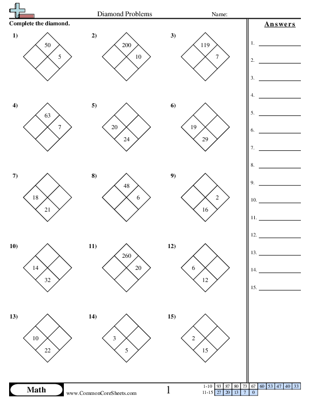 Multiplication Worksheets - Diamond Problems worksheet